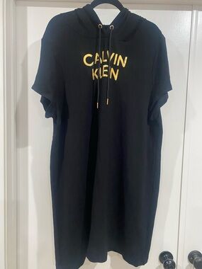 Calvin Klein Black Short Sleeve Hoodie Dress with Gold Logo